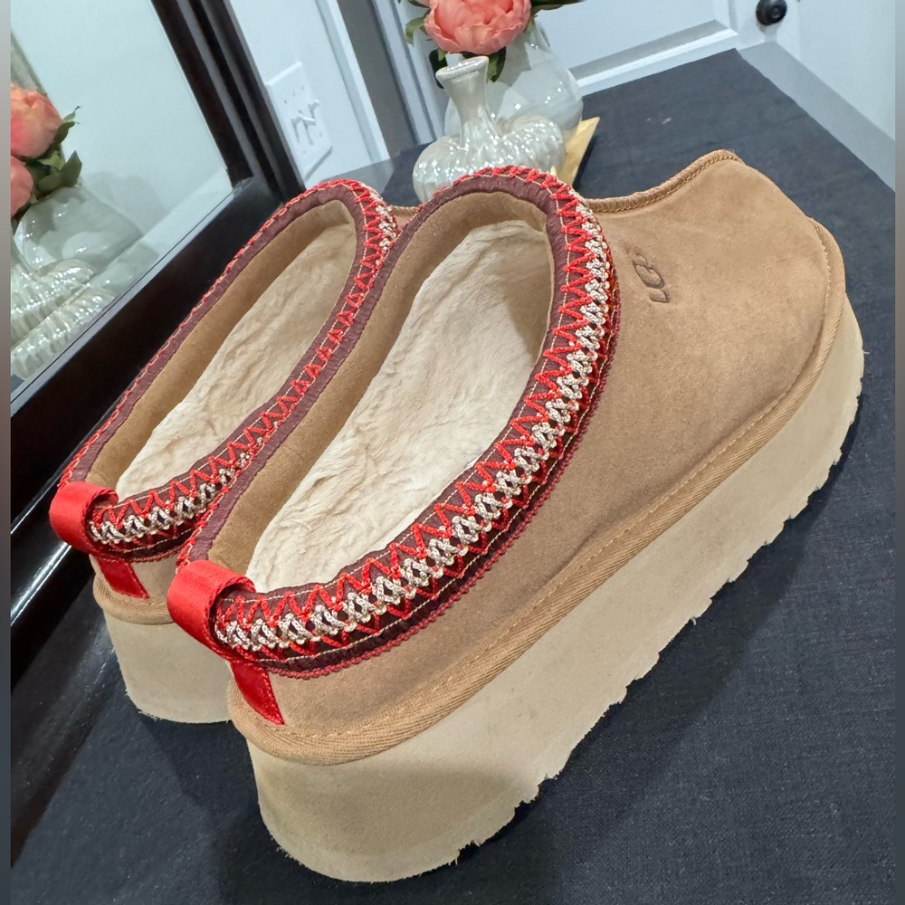 UGG Women's Tan and Red Platform Mules
